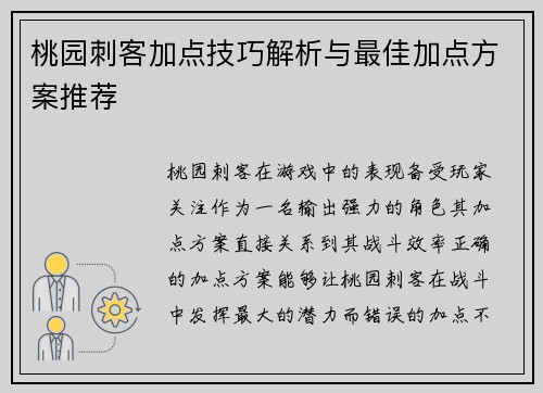 桃园刺客加点技巧解析与最佳加点方案推荐